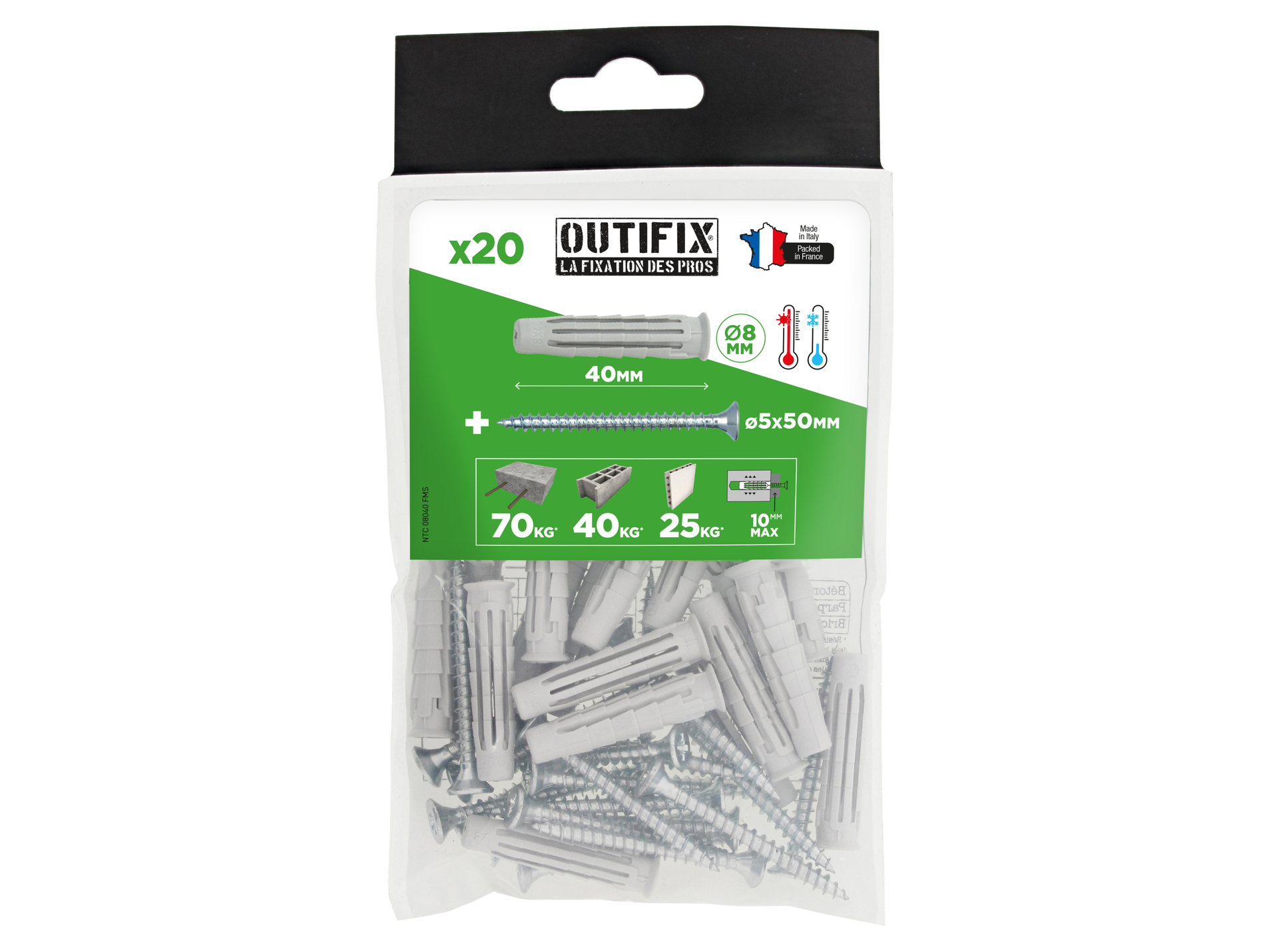Chevilles nylon Ø8 L40mm x20 + vis