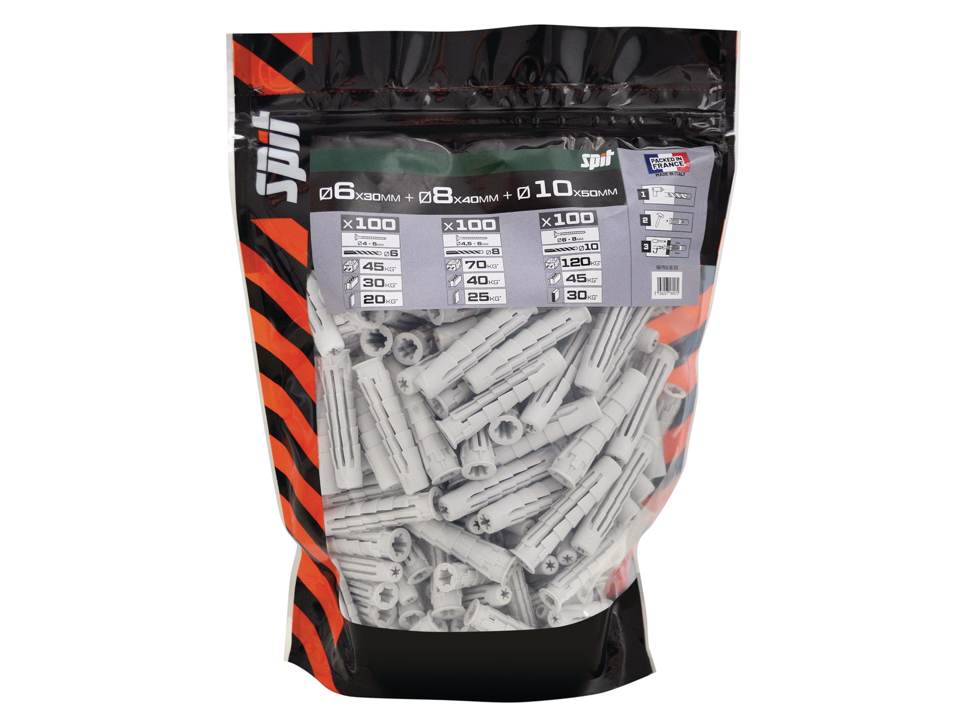 Chevilles nylon SPIT PRO6 6x30mm + 8x40mm + 10x50mm x300
