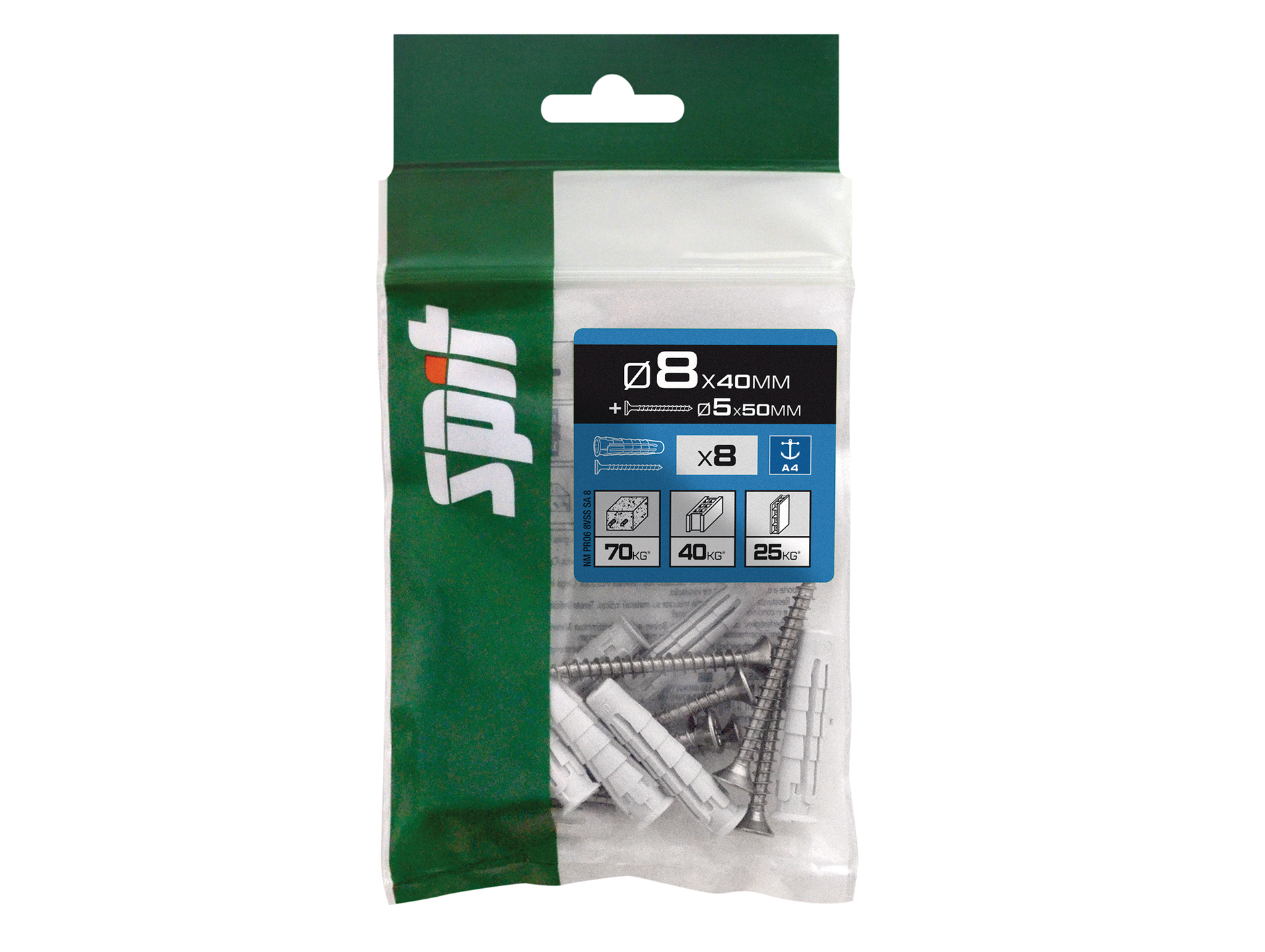 Chevilles nylon universelles avec vis Ø5mm SPIT Ø8mm L.40mm x8