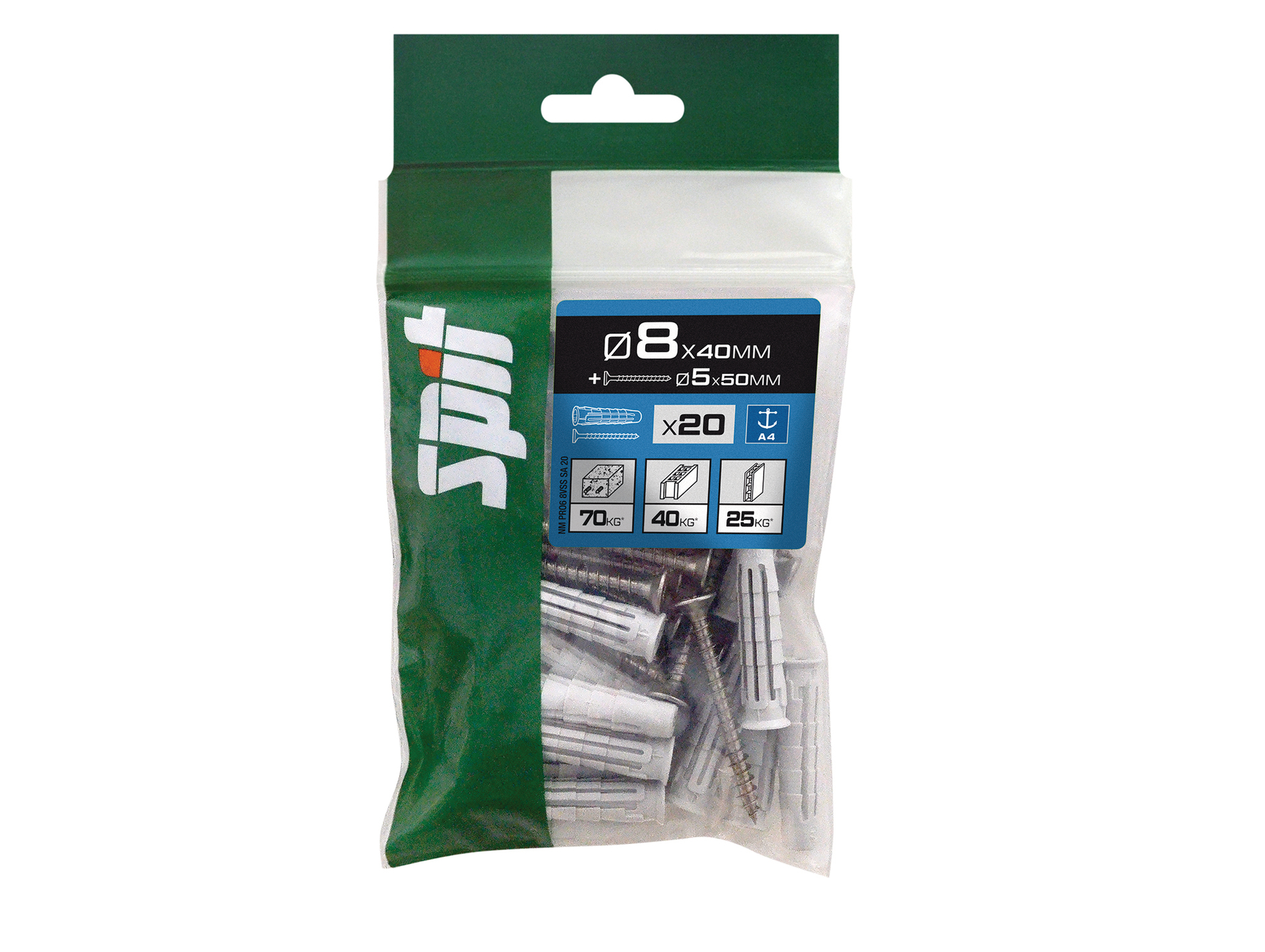 Chevilles nylon universelles avec vis Ø5mm SPIT Ø8mm L.40mm x20