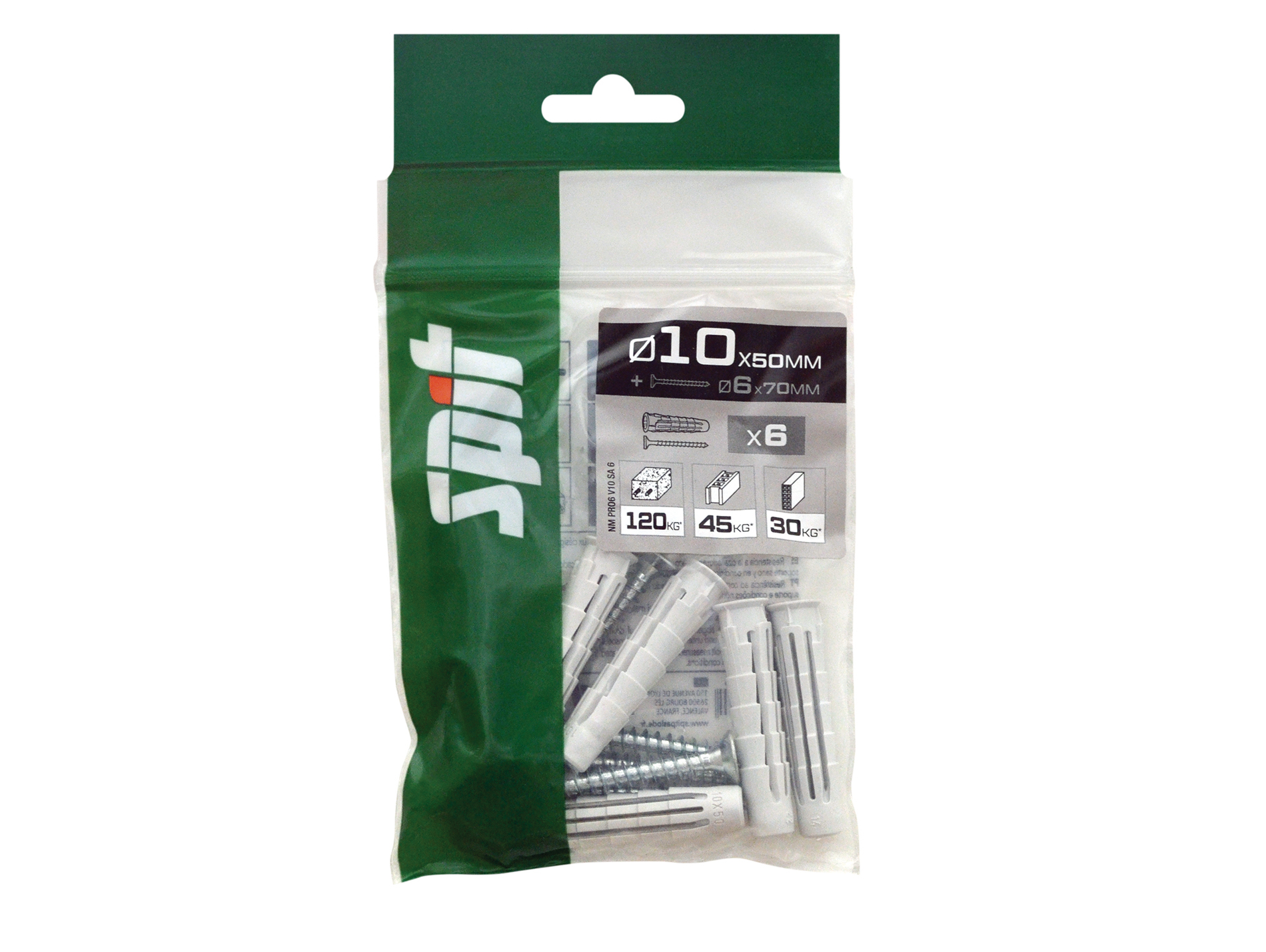 Cheville nylon SPIT PRO6 10x50mm avec vis TF 6x70mm x6
