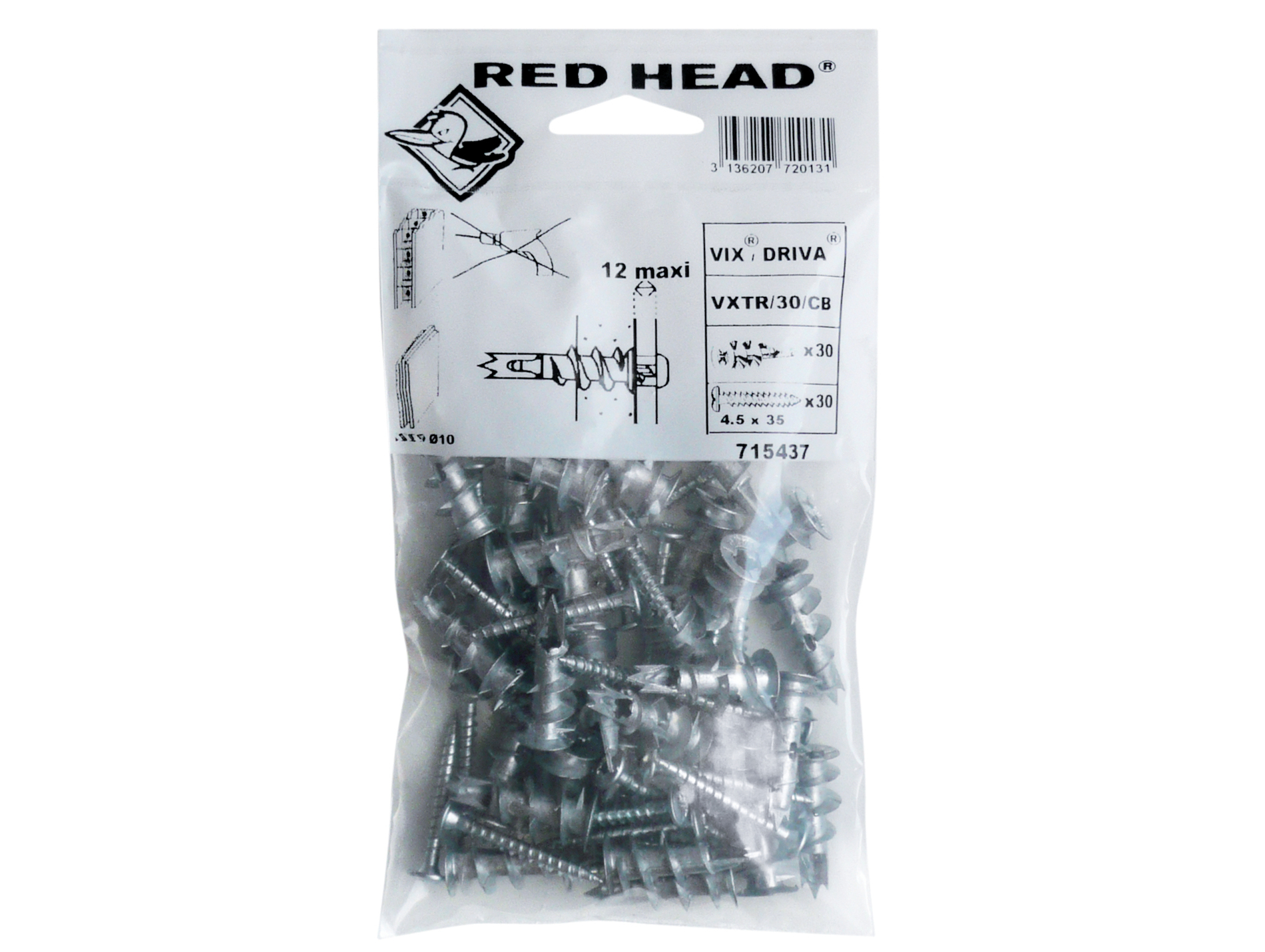 Chevilles autoforeuse avec vis RED HEAD Ø4,5mm L.35mm x30