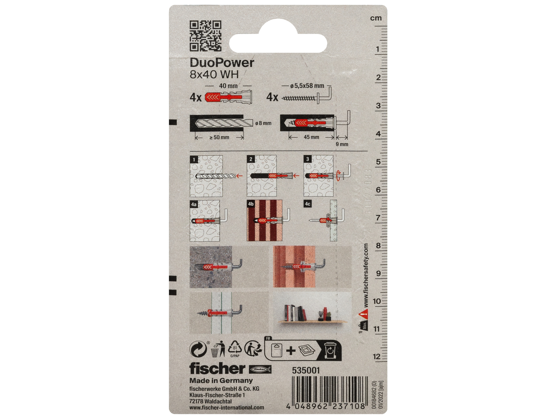Chevilles bi-matière crochet droit DuoPower FISCHER Ø8mm L.40mm x4