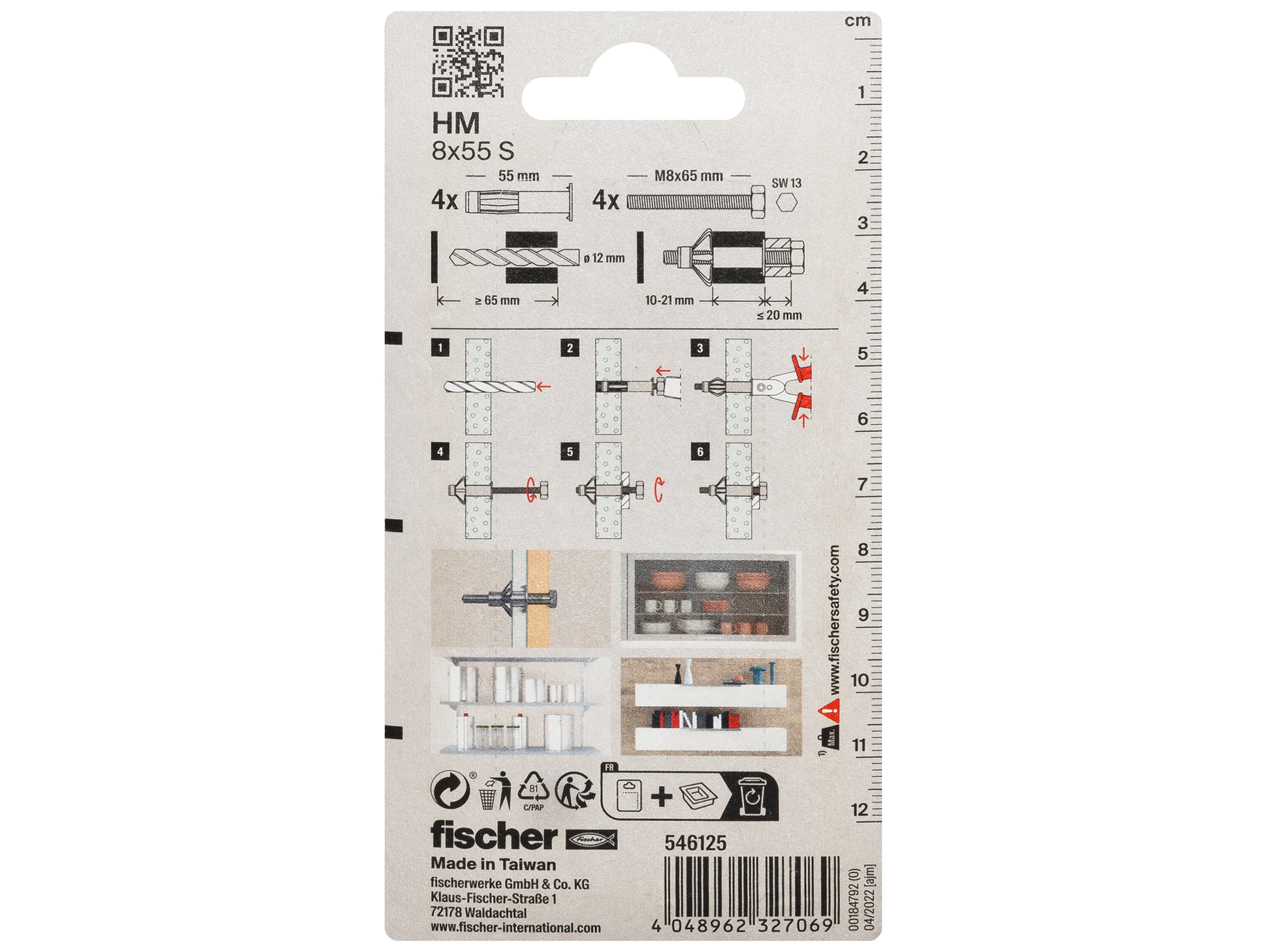 Chevilles cloison creuse avec vis HM-S FISCHER Ø8mm L.55mm x4