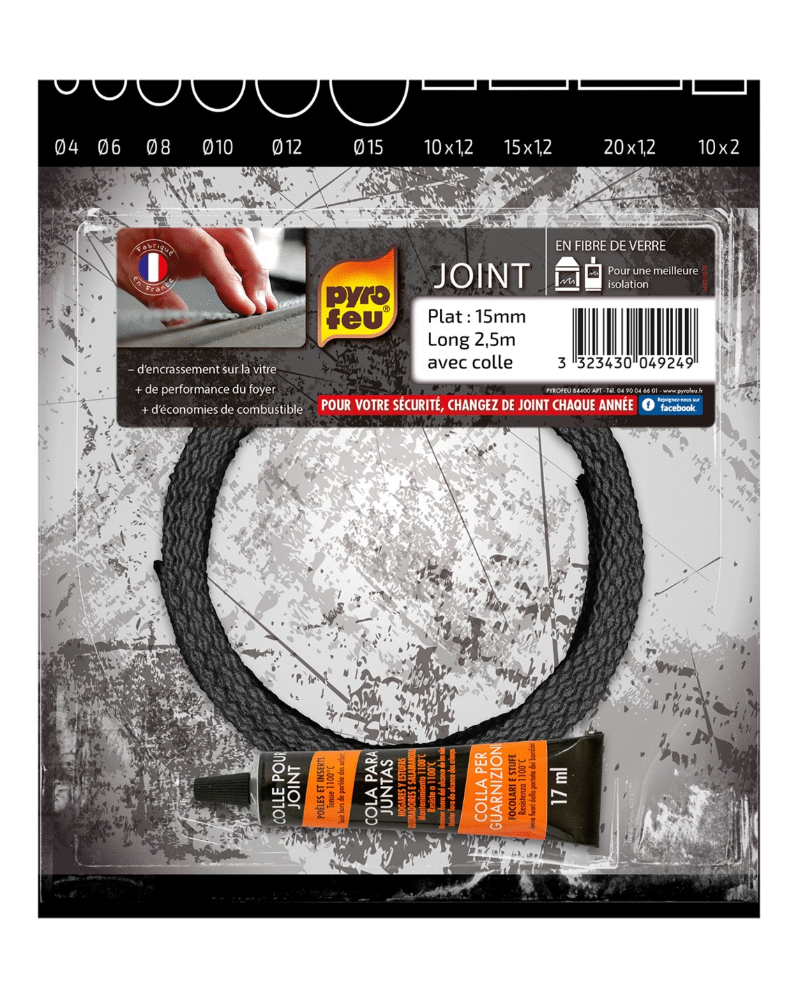 Kit joint PYROFEU noir 15x1,2mm 2,5m avec colle 17ml