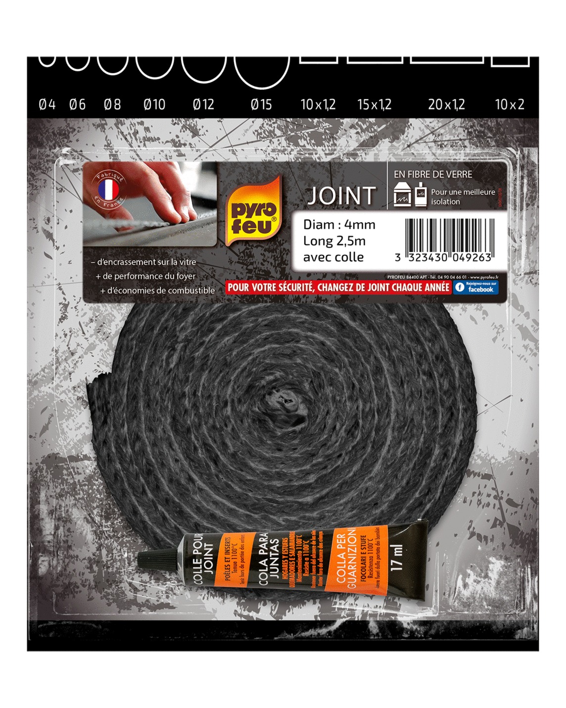 Kit joint PYROFEU noir 4mm 2,5m avec colle 17ml