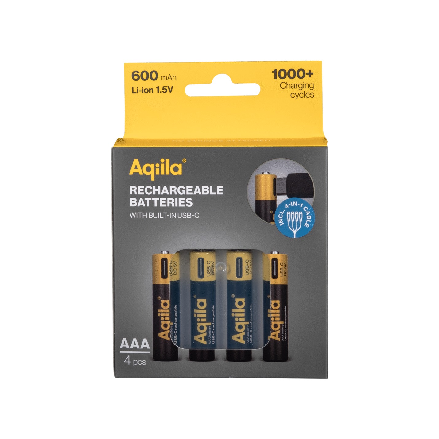 Lot de 4 piles AQIILA AAA rechargeables USB-C 600mAh