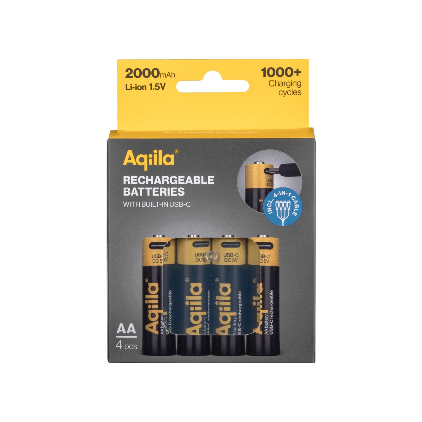 Lot de 4 piles AQIILA AA rechargeables USB-C 2000mAh