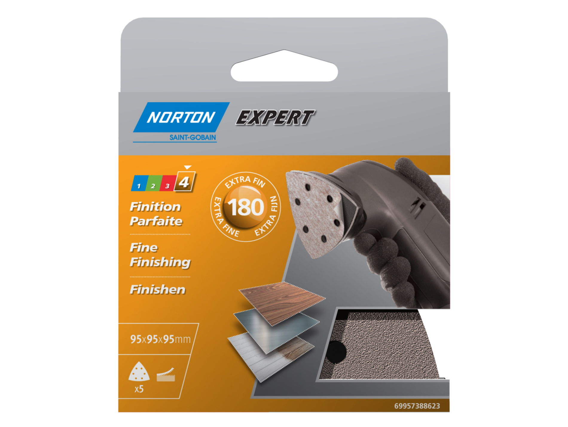 5 patins perforés 95x95mm auto-agrippants grain 180 NORTON