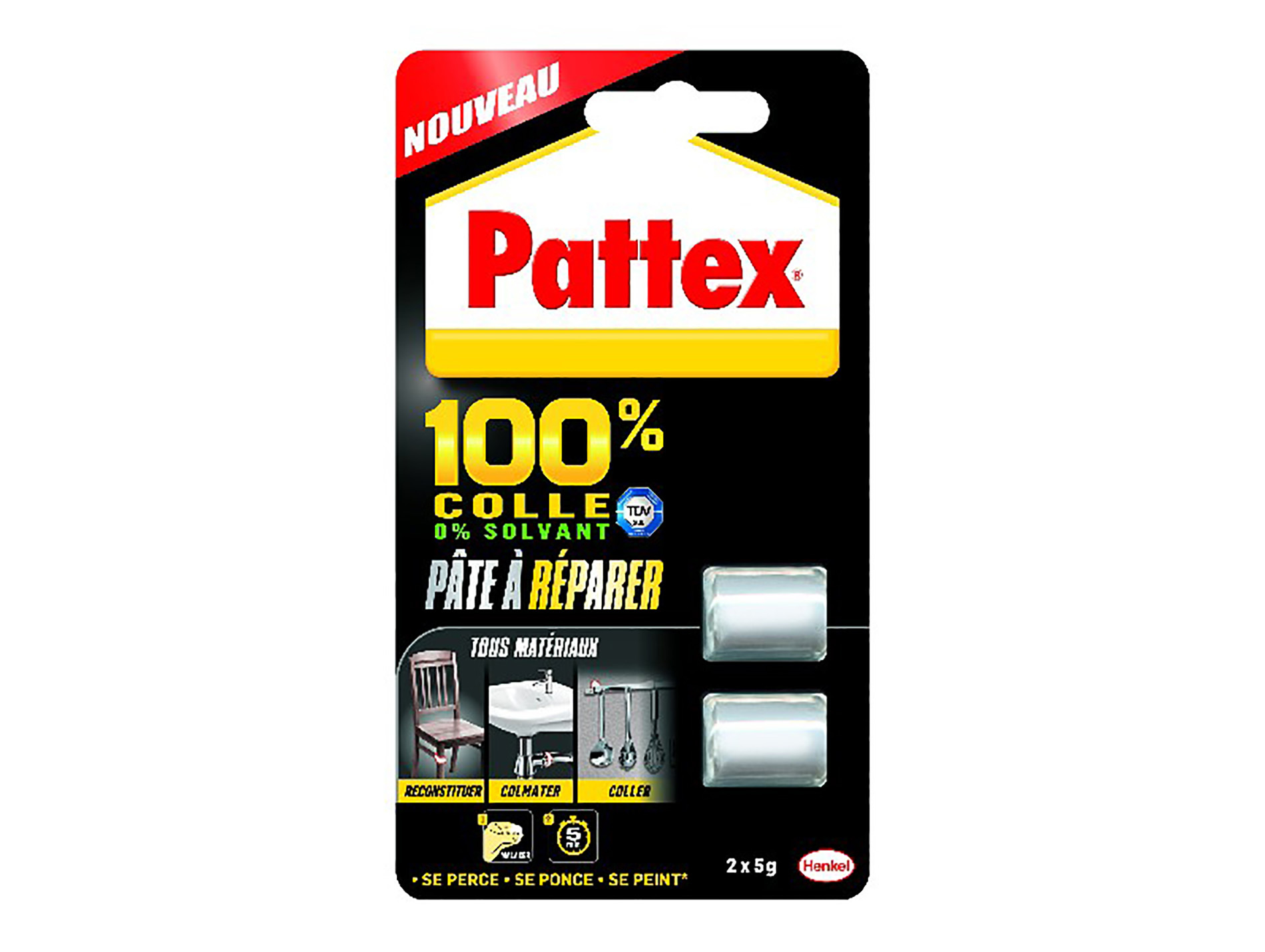 Colle 100% pâte à réparer PATTEX 5g x2