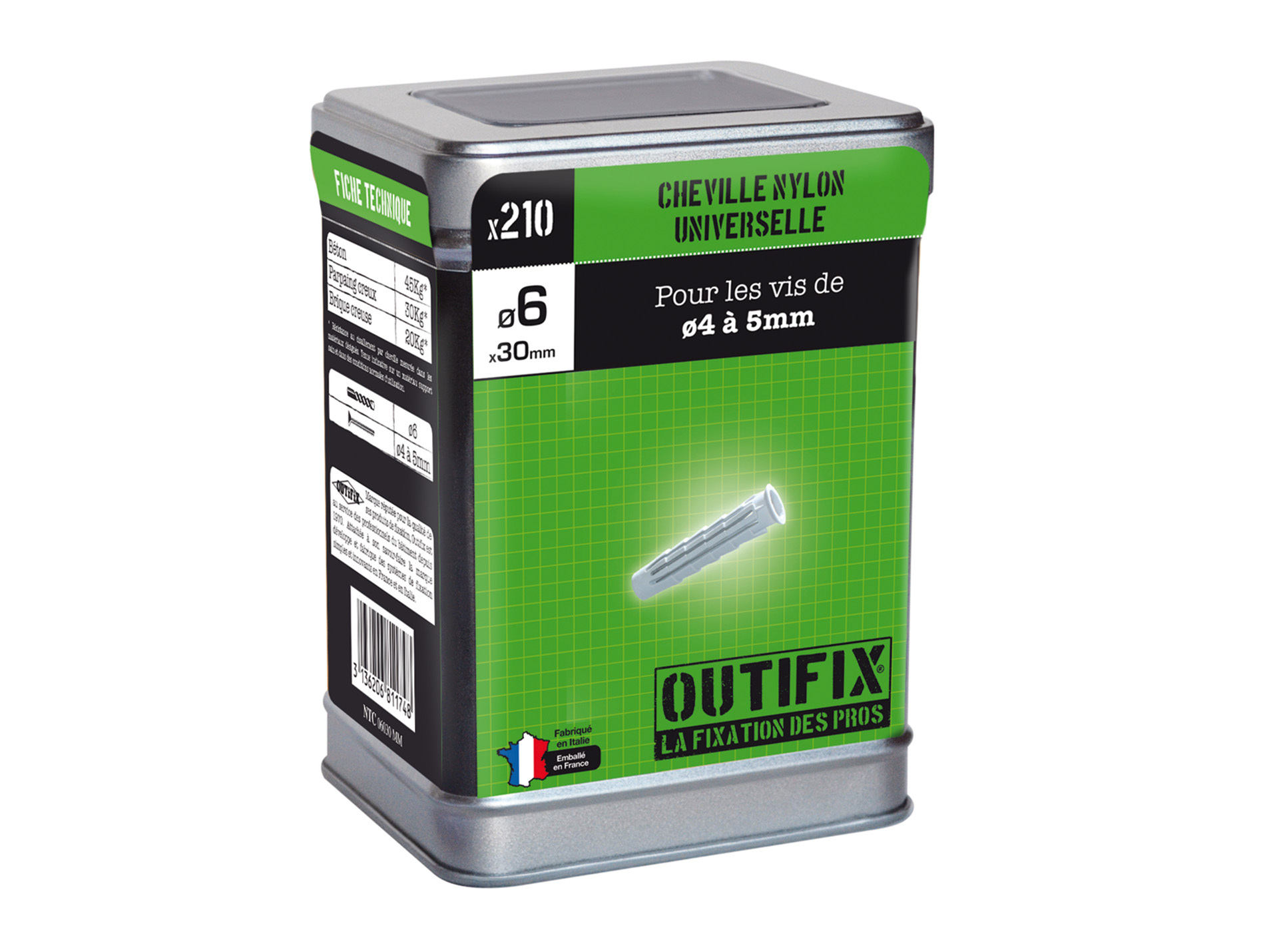 Chevilles nylon Ø6 L30mm x130 + vis