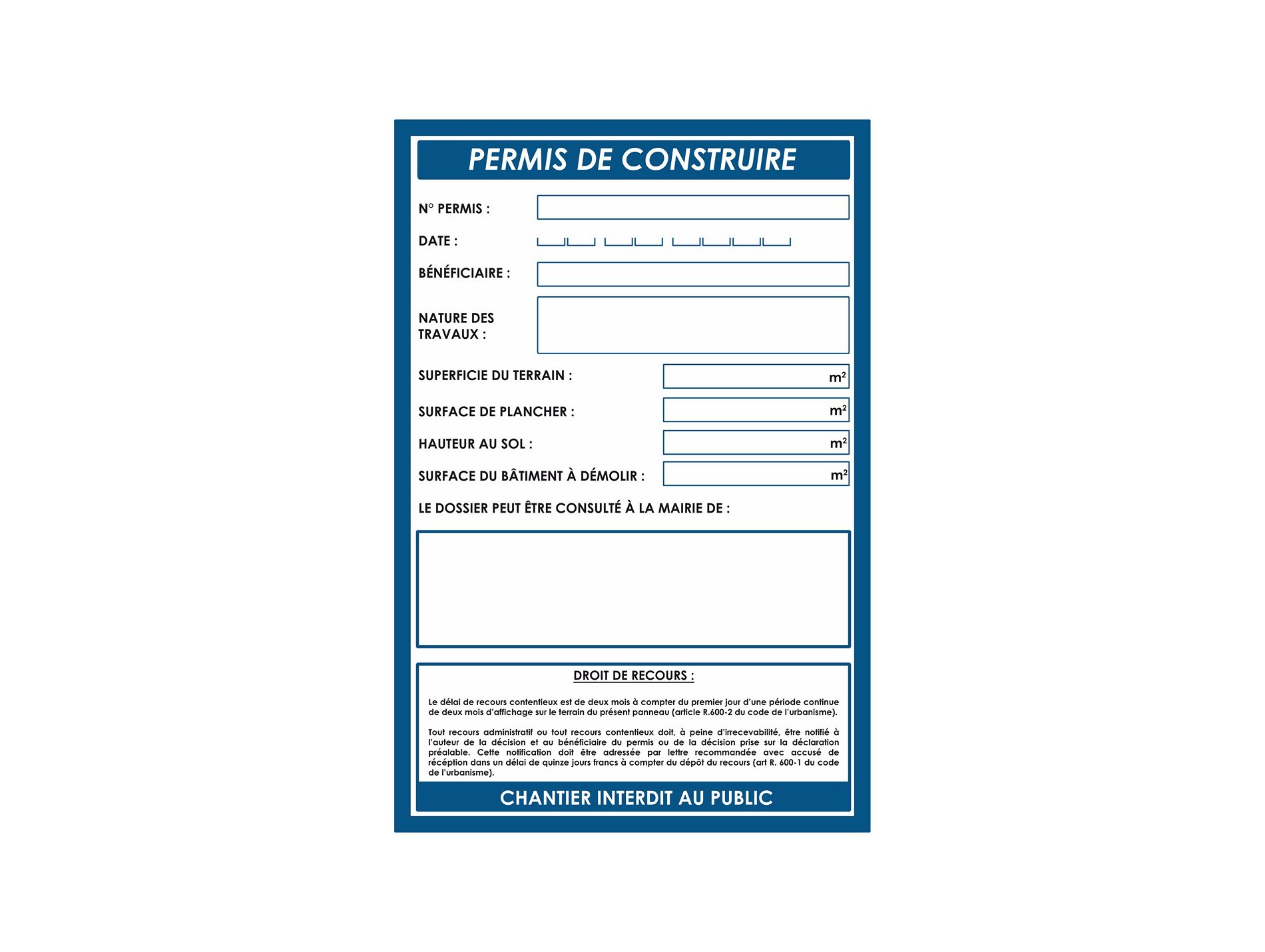 Panneau Permis de construire 1200x800mm