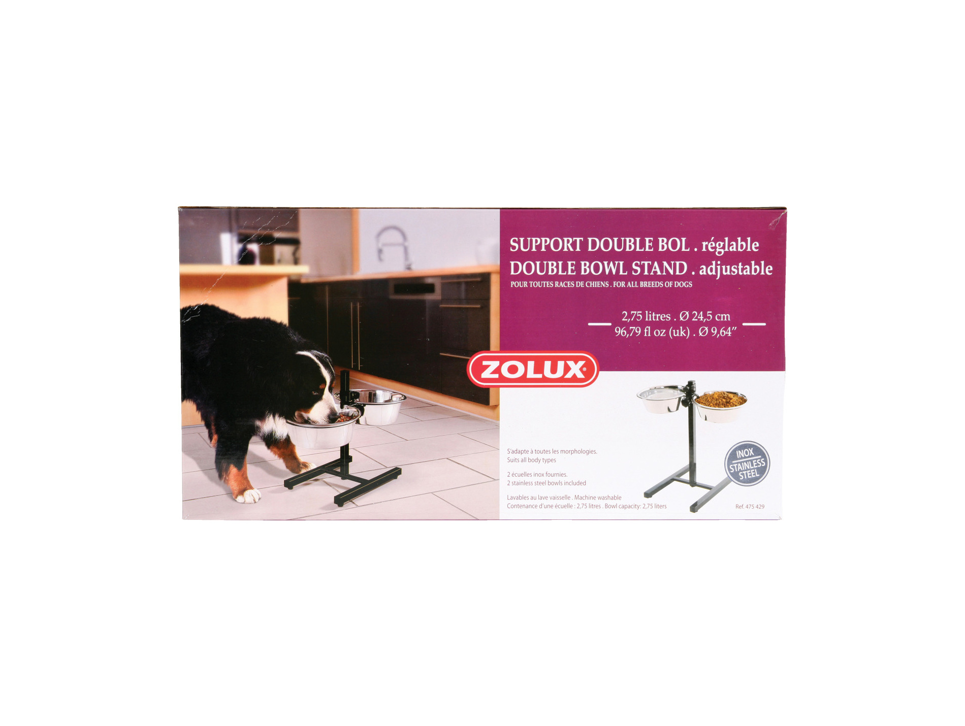 Support réglable + 2 bols inox de 2,75L