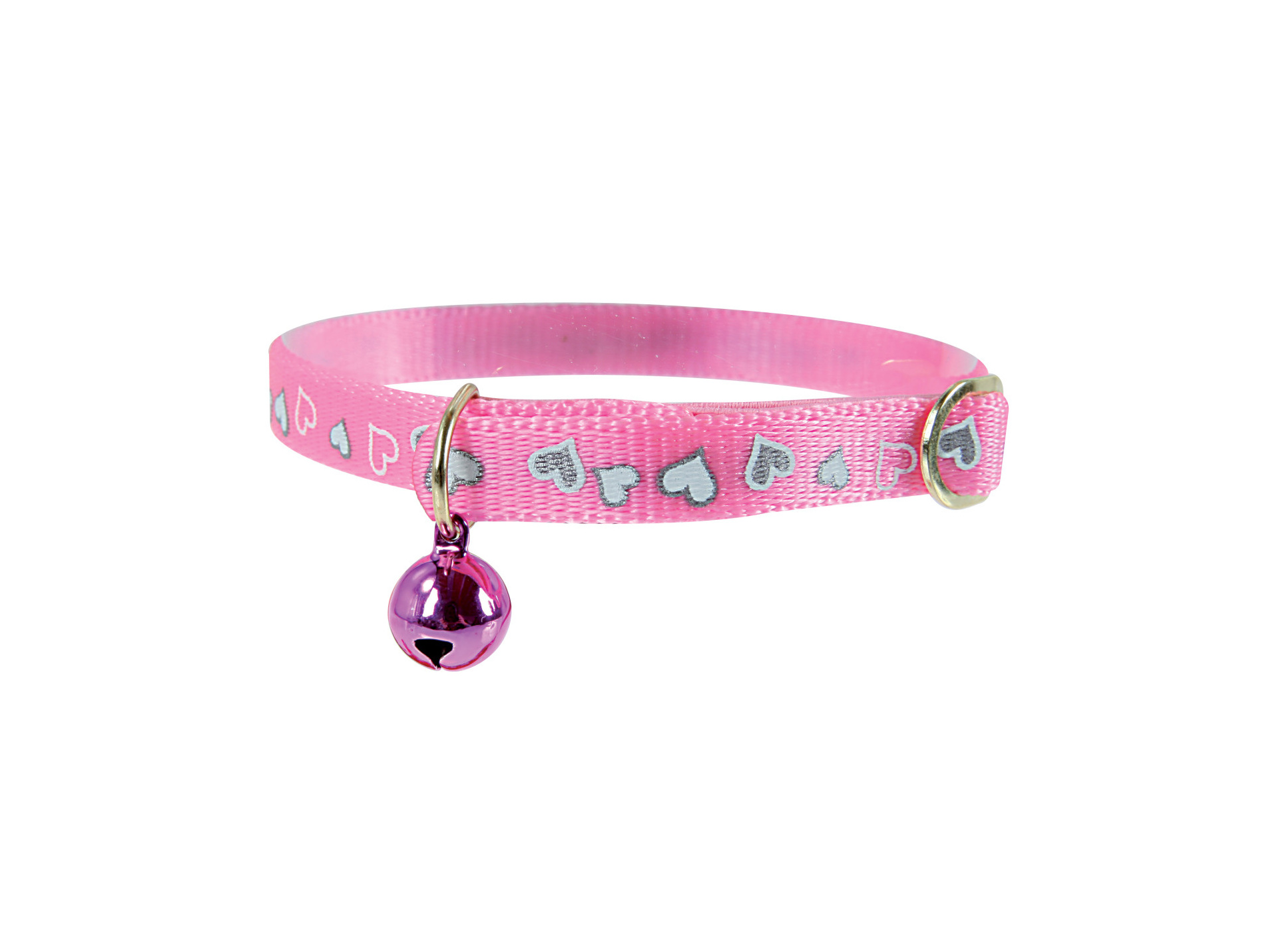 Collier chat coeurs réfléchissants à grelot rose
