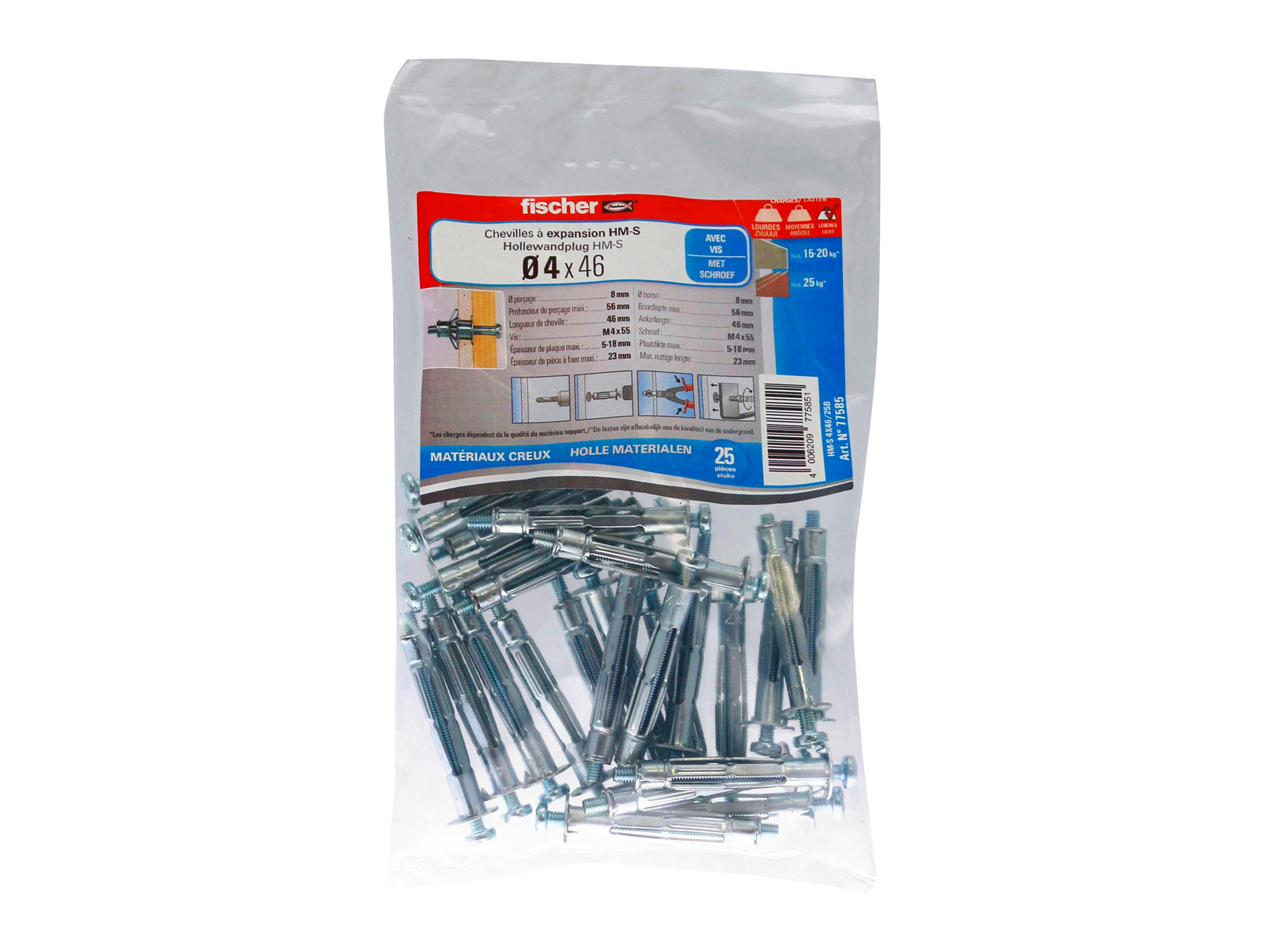 Chevilles pour cloison creuse HM-S Ø4 L46mm x25