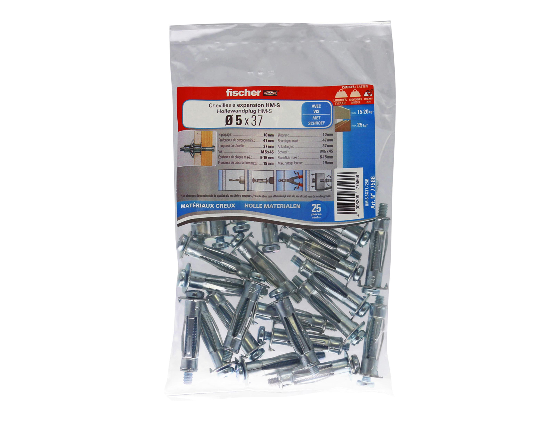 Chevilles pour cloison creuse HM-S Ø5 L37mm x25