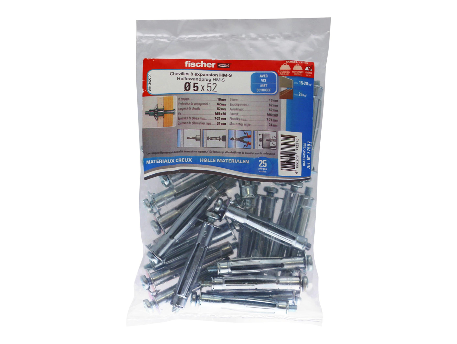 Chevilles pour cloison creuse HM-S Ø5 L52mm x25