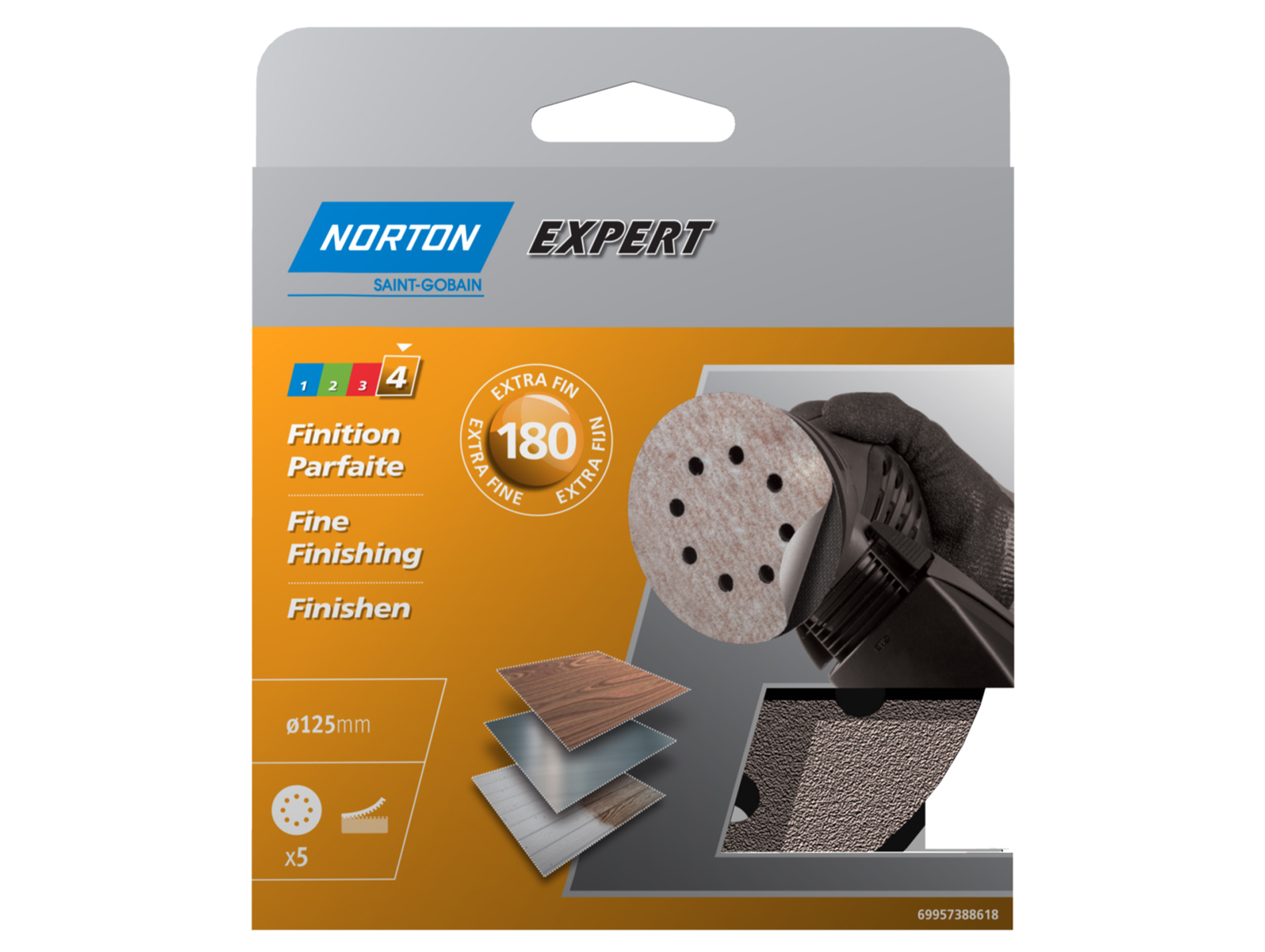 5 disques perforés PEX Ø125 auto-agrippants grain 180 NORTON