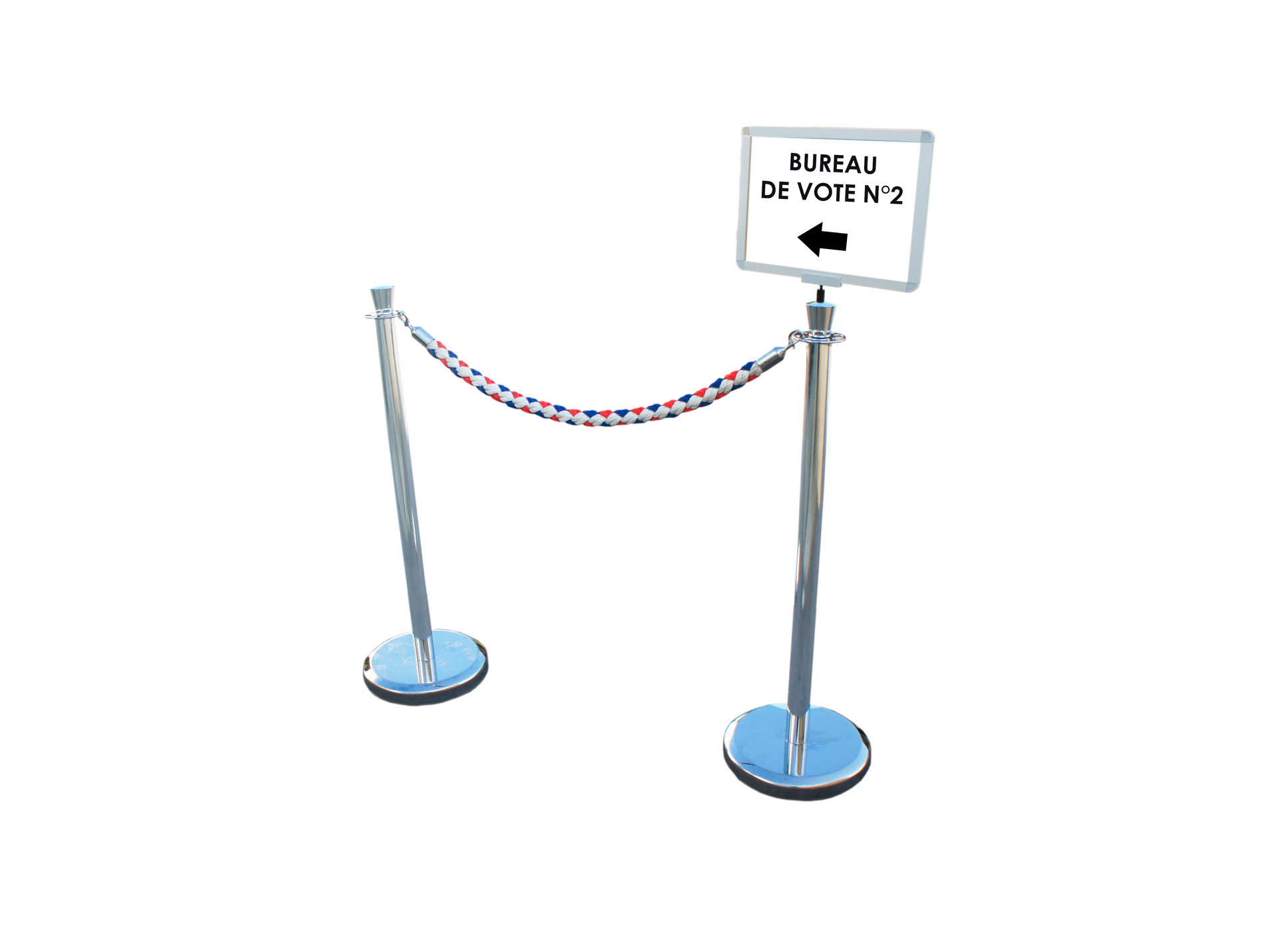 Kit de 2 poteaux chromés et corde 2m bleu/blanc/rouge