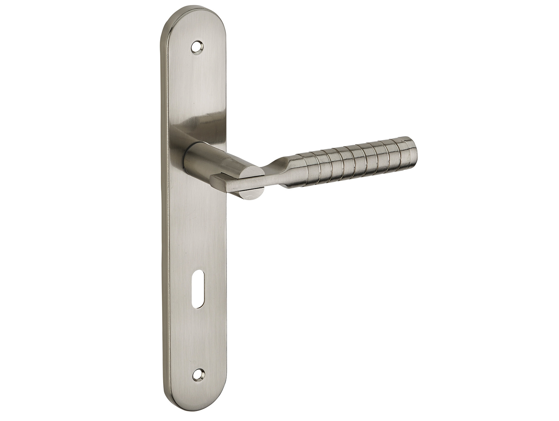 Poignée de porte Diane trou de clé entraxe 195mm nickelé brossé