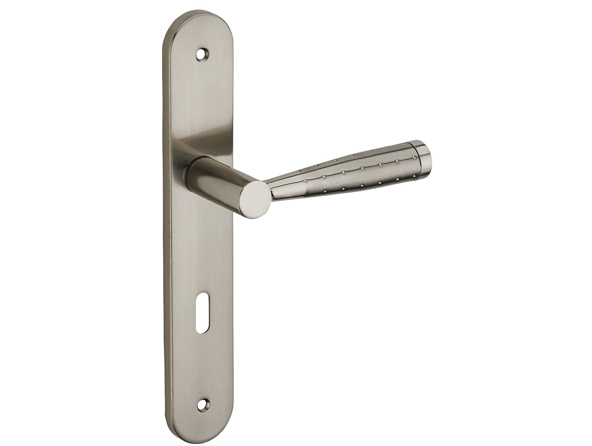 Poignée de porte Helios trou de clé entraxe 195mm nickelé brossé