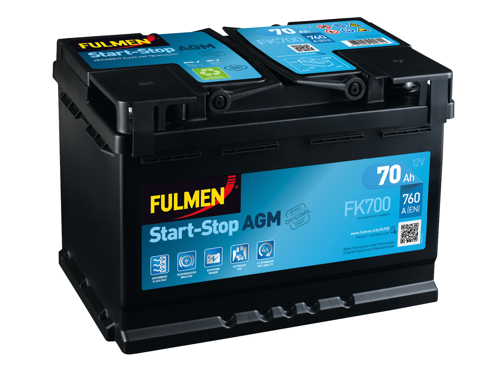 Batterie 12V Start Stop AGM EXIDE FK700 70Ah 760A +D