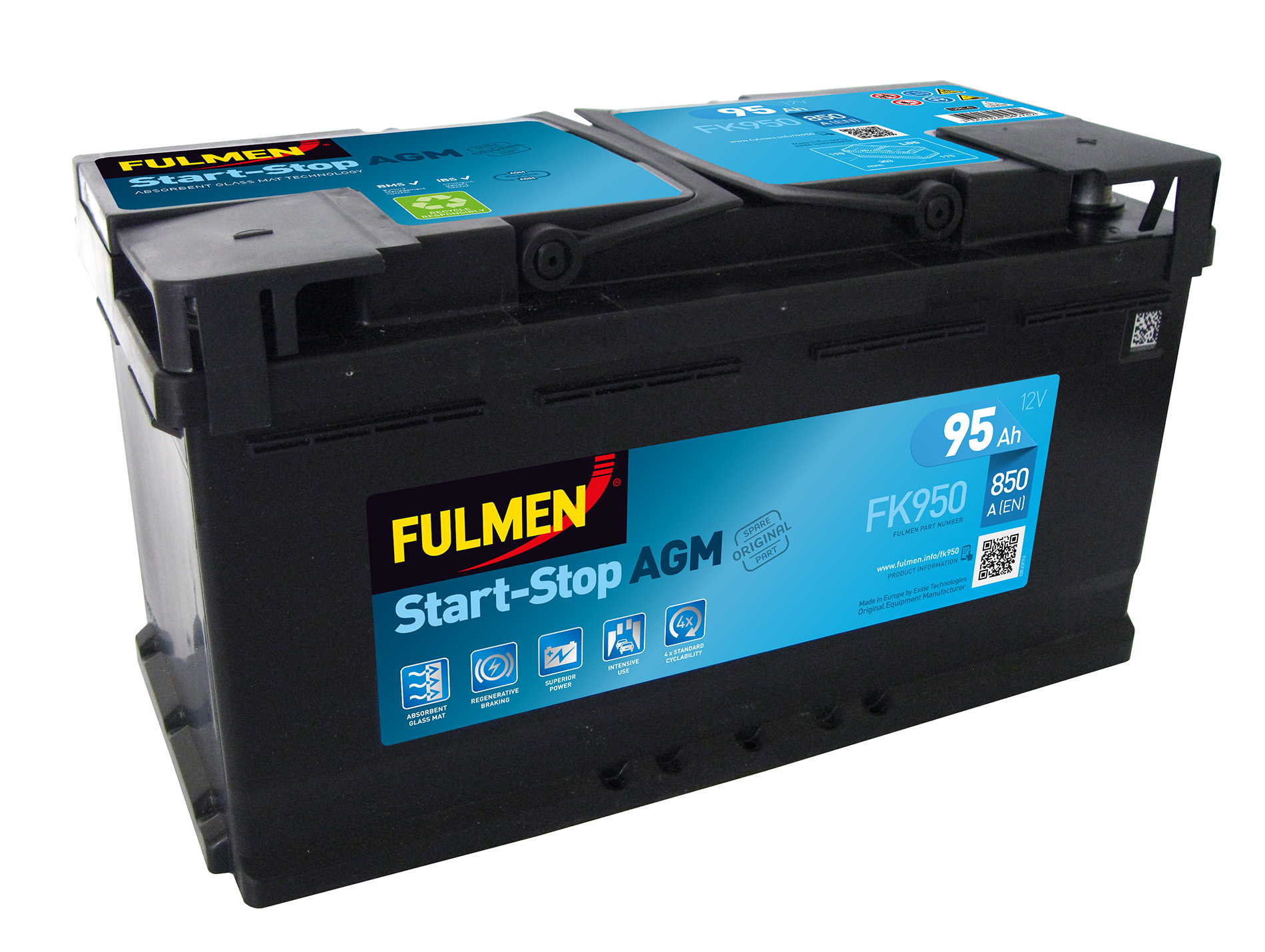 Batterie 12V Start Stop AGM EXIDE FK950 95Ah 850A +D