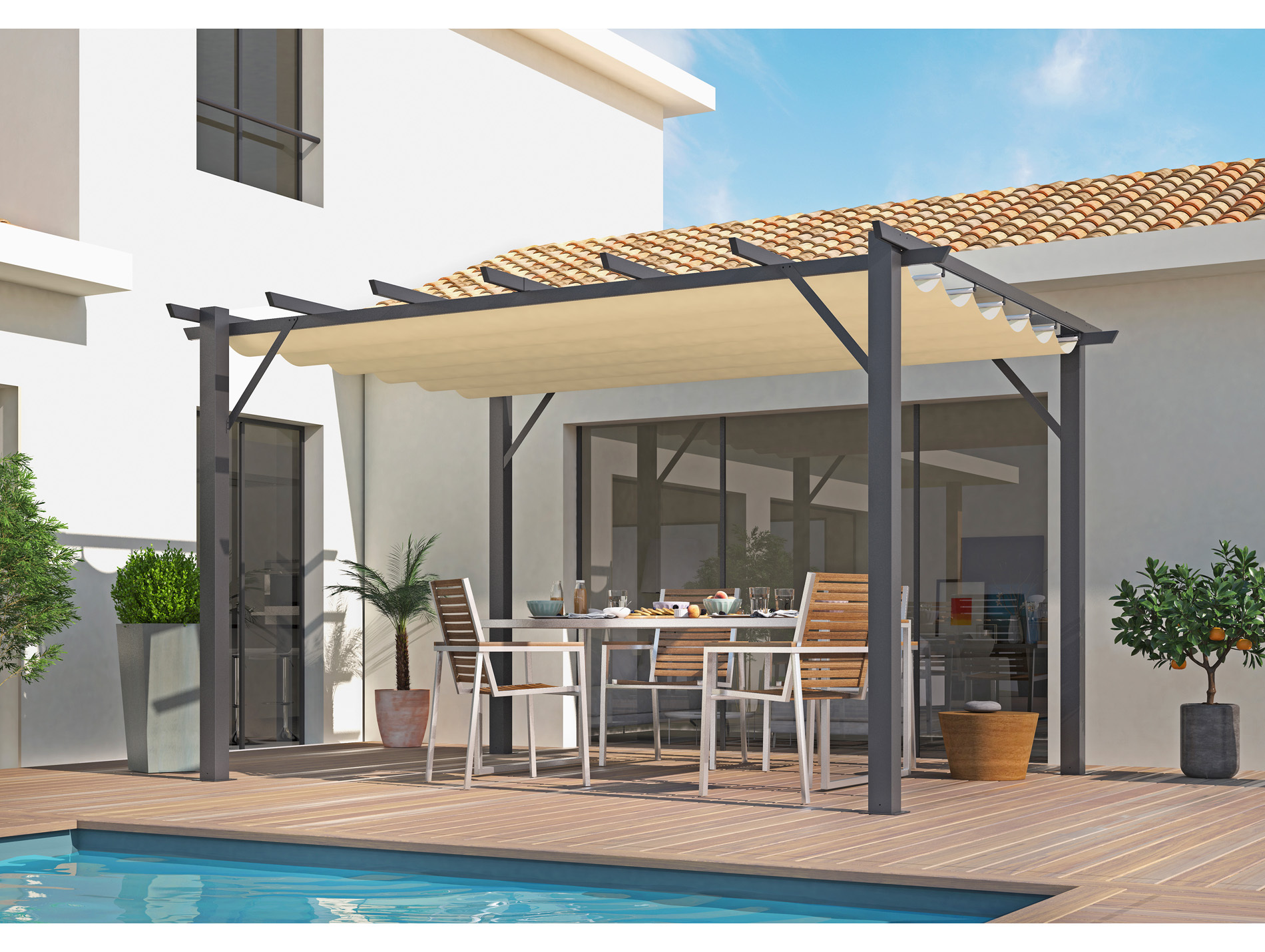 Pergola aluminium L.400xl.300 h.230cm gris anth toile écrue