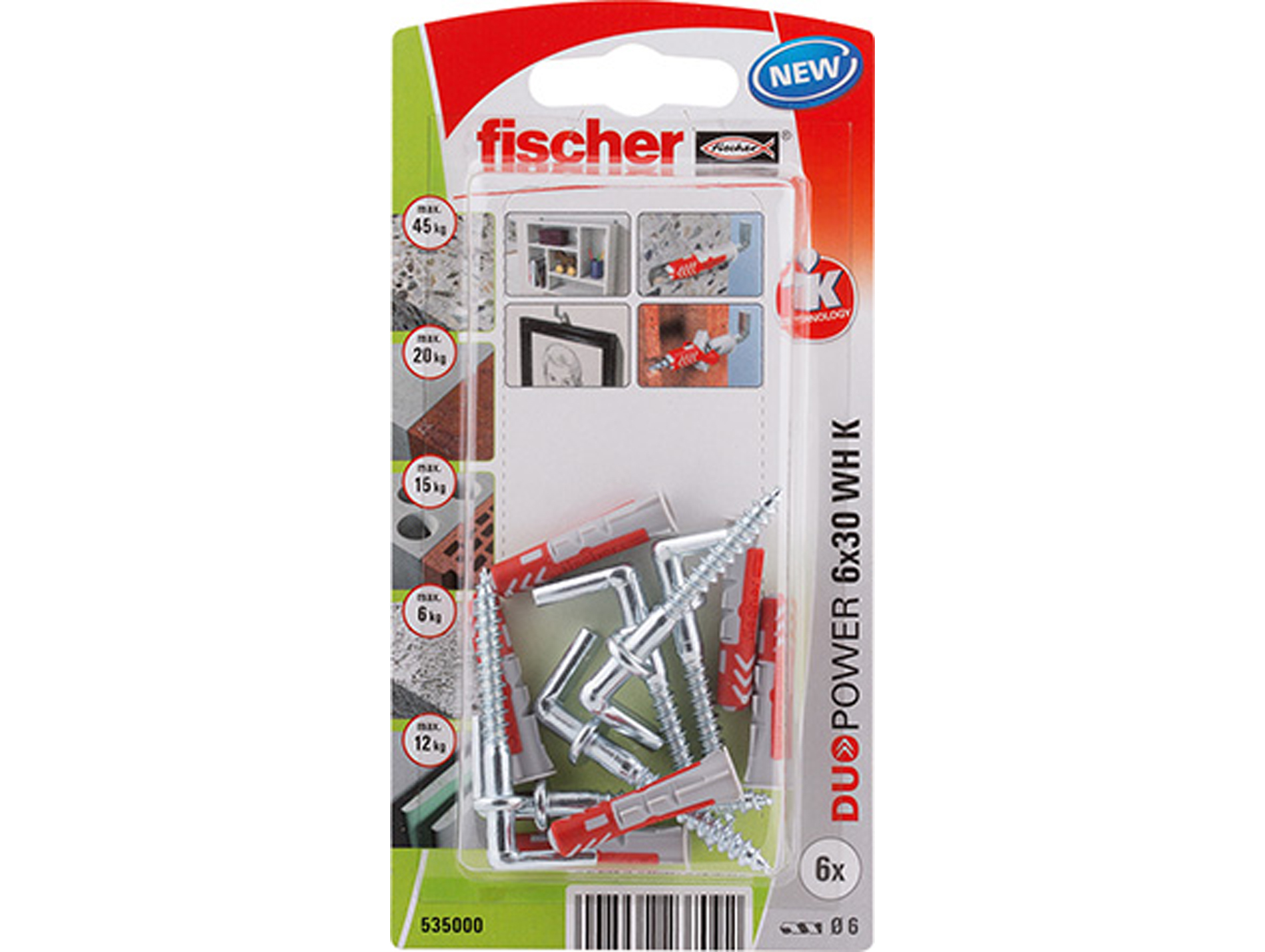 Chevilles bi-matière crochet droit DuoPower FISCHER Ø6mm L.30mm x6