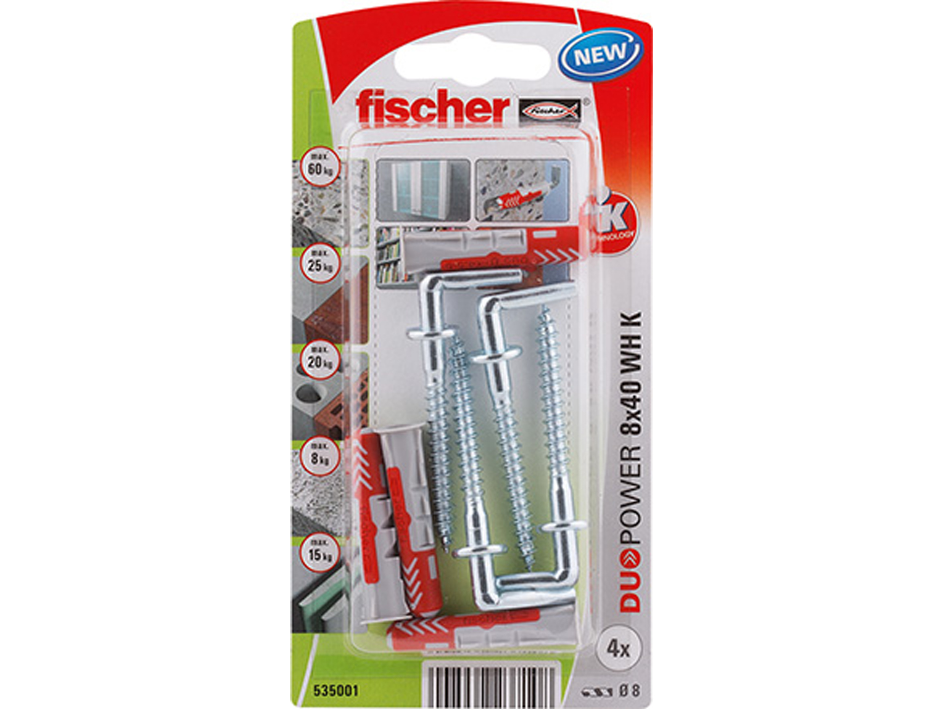 Chevilles bi-matière crochet droit DuoPower FISCHER Ø8mm L.40mm x4