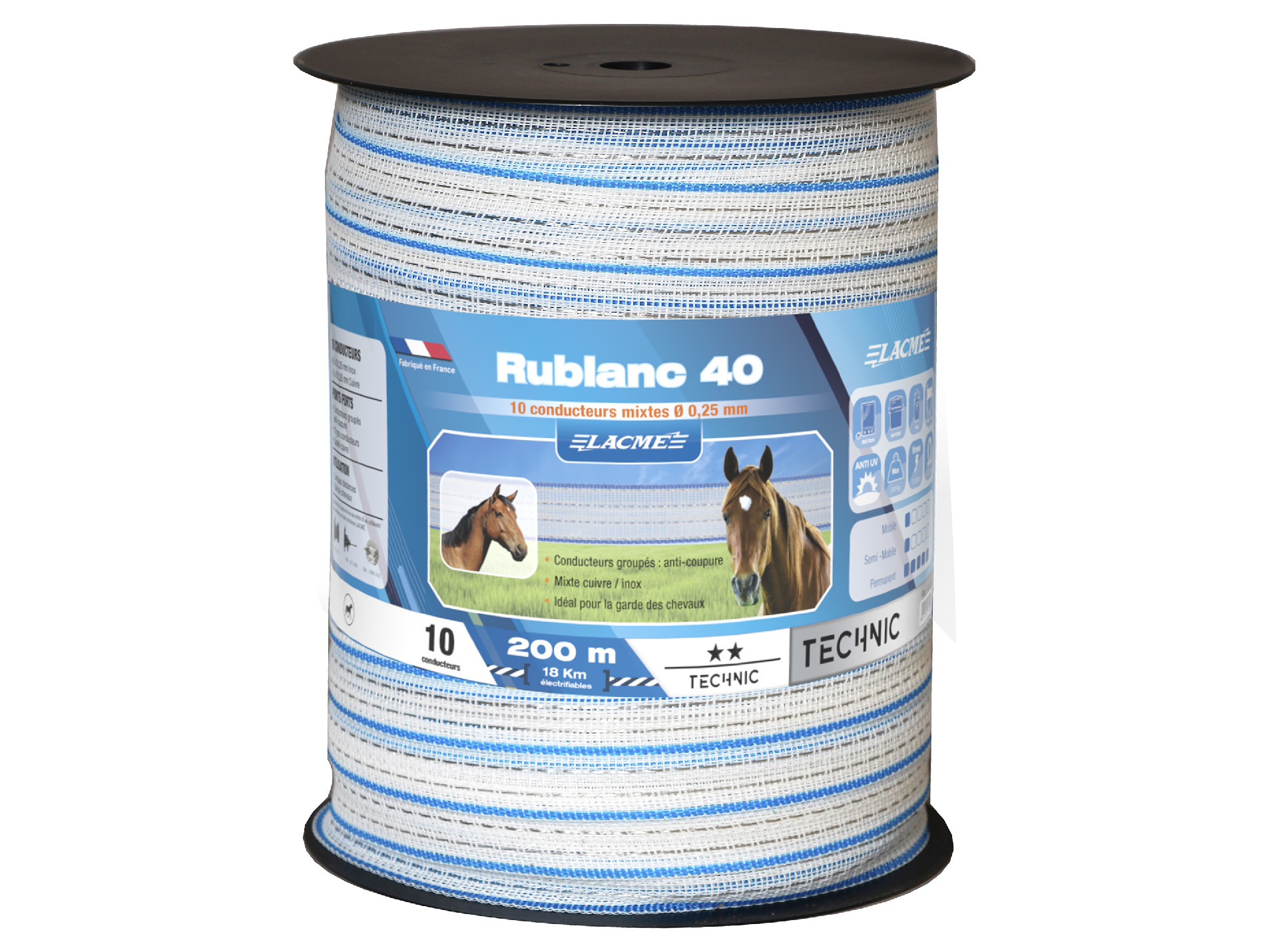 Ruban LACME l.40mm x L.200m blanc/bleu