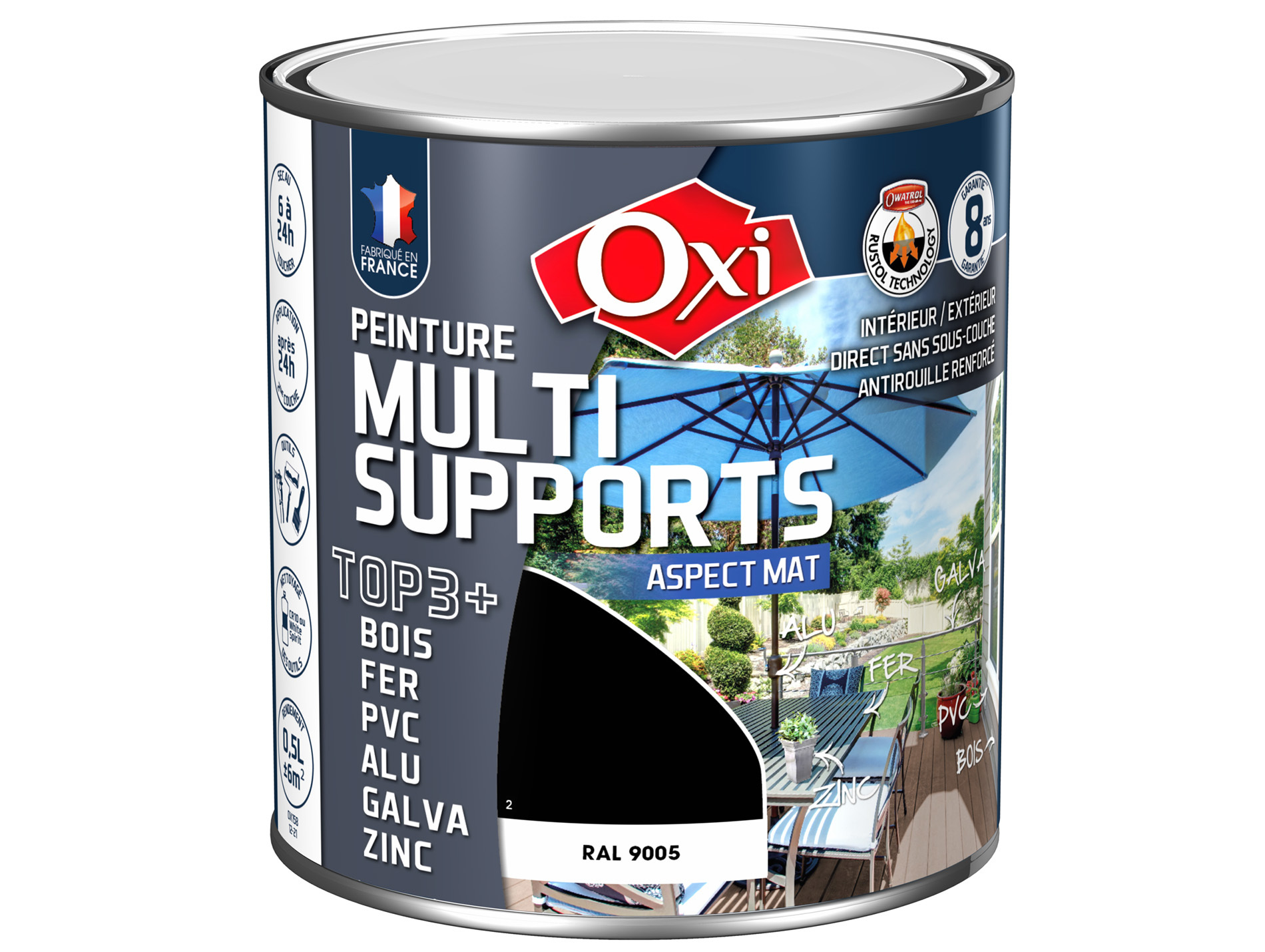 Peinture multi-supports Top3+ OXYTOL Noir mat 500ml