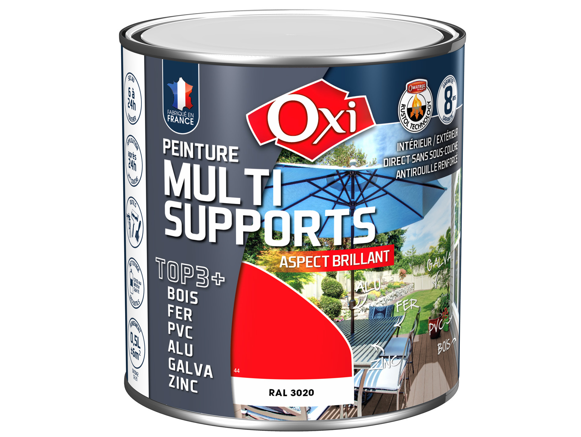 Peinture multi-supports Top3+ OXYTOL Rouge vif brillant 500ml
