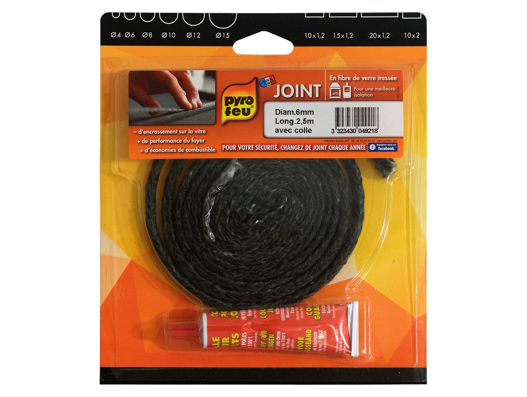 Kit joint PYROFEU noir 6mm 2,5m avec colle 17ml