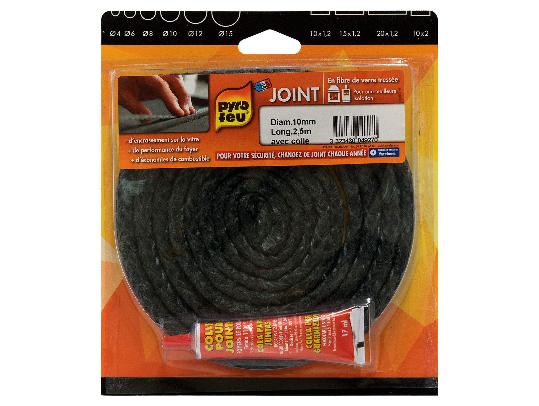 Kit joint PYROFEU noir 10mm 2,5m avec colle 17ml