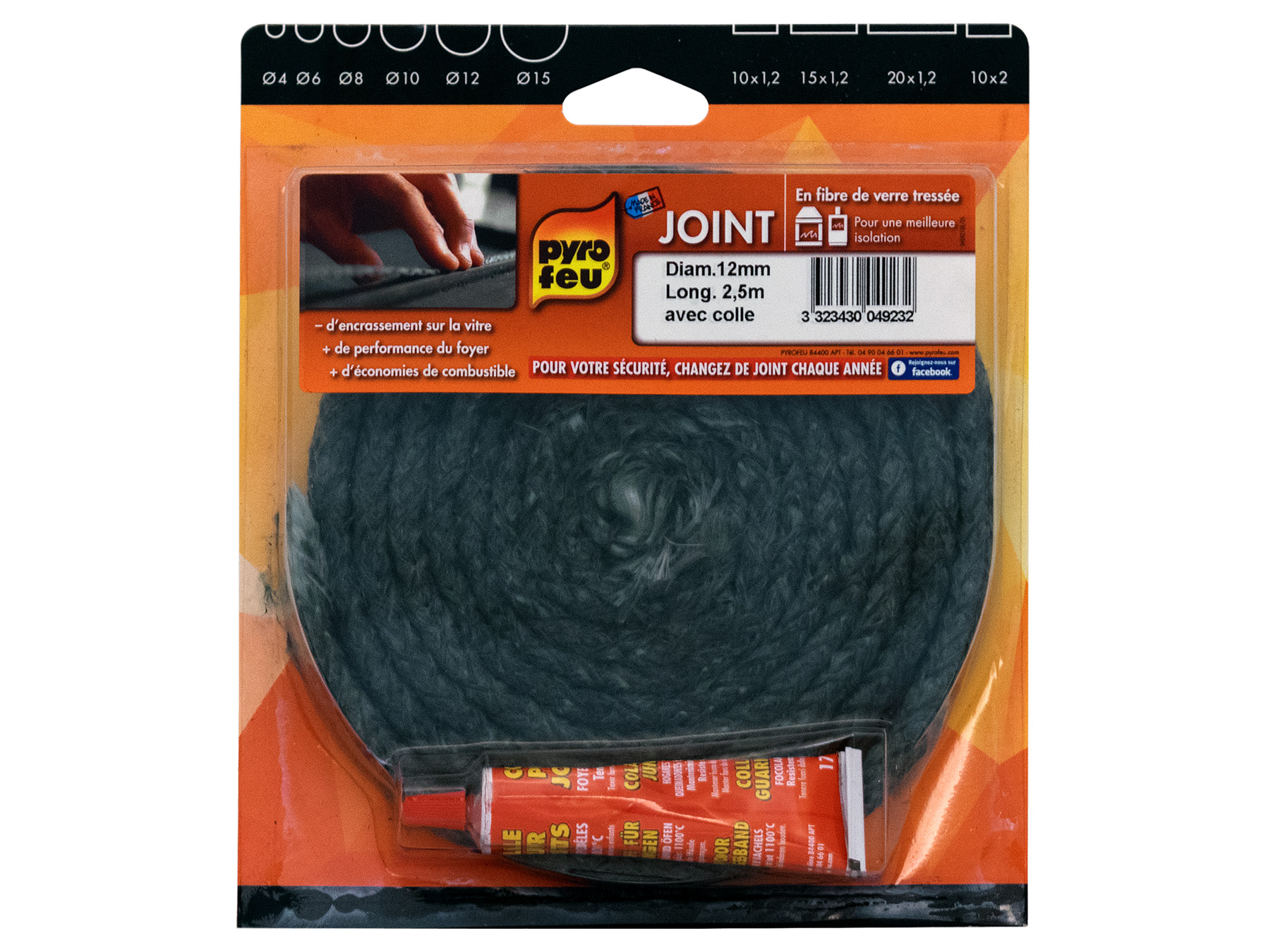 Kit joint PYROFEU noir 12mm 2,5m avec colle 17ml