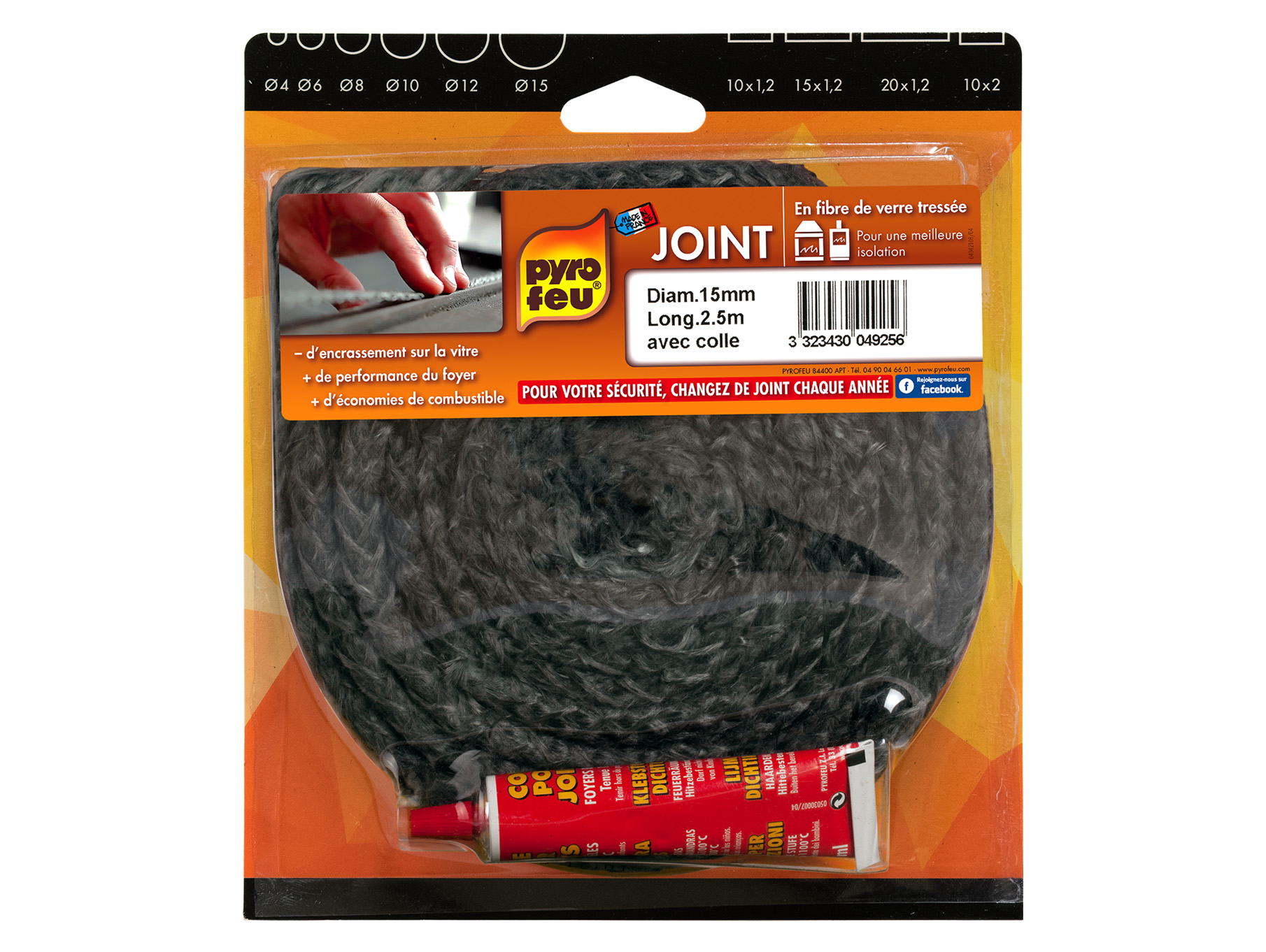Kit joint PYROFEU noir 15mm 2,5m avec colle 17ml